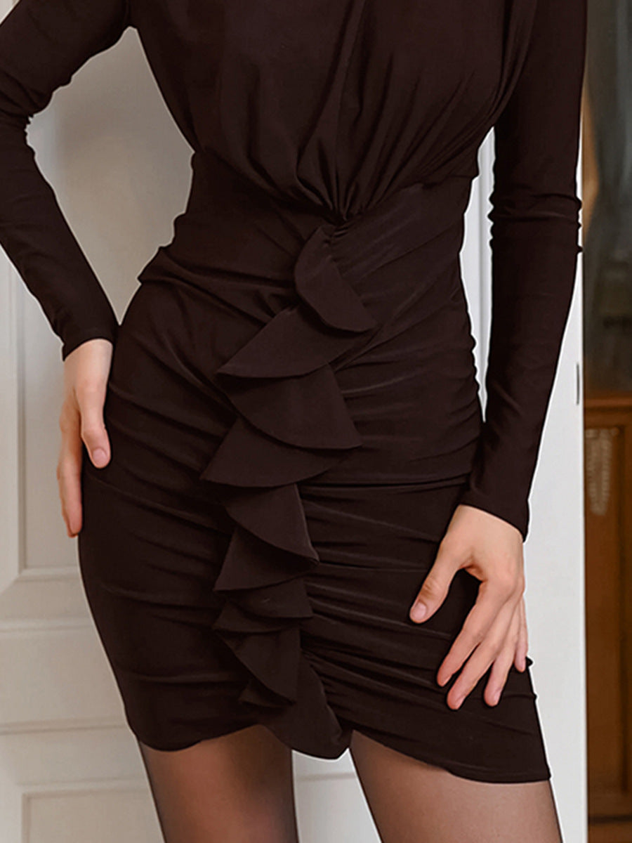 Elegant ruffled knitted dress for women 2026 spring fashion retro crew neck skinny hip skirt short skirt women's clothing