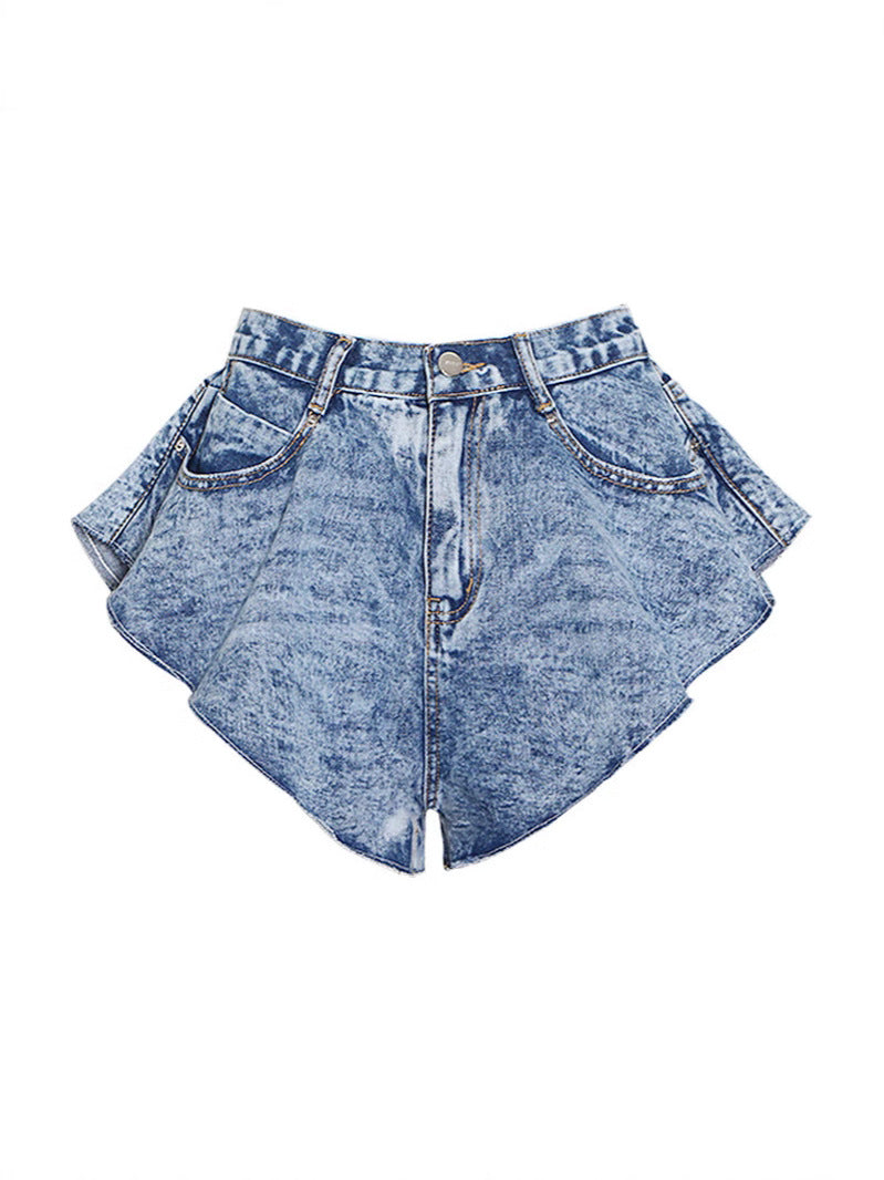 European and American hot girl high waist figure flattering shorts 2026 spring new ultra short loose lotus leaf hem large wide leg jeans