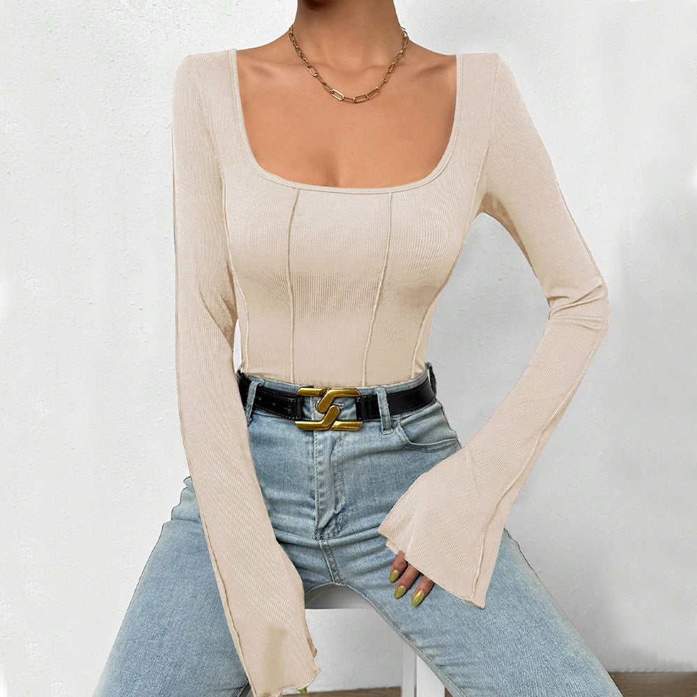 Cross-border European and American women's clothing 2026 autumn winter Sexy Slim fit square collar bell sleeve backless inner wear base T-shirt one-piece