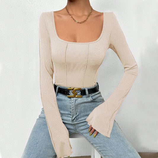 Cross-border European and American women's clothing 2026 autumn winter Sexy Slim fit square collar bell sleeve backless inner wear base T-shirt one-piece
