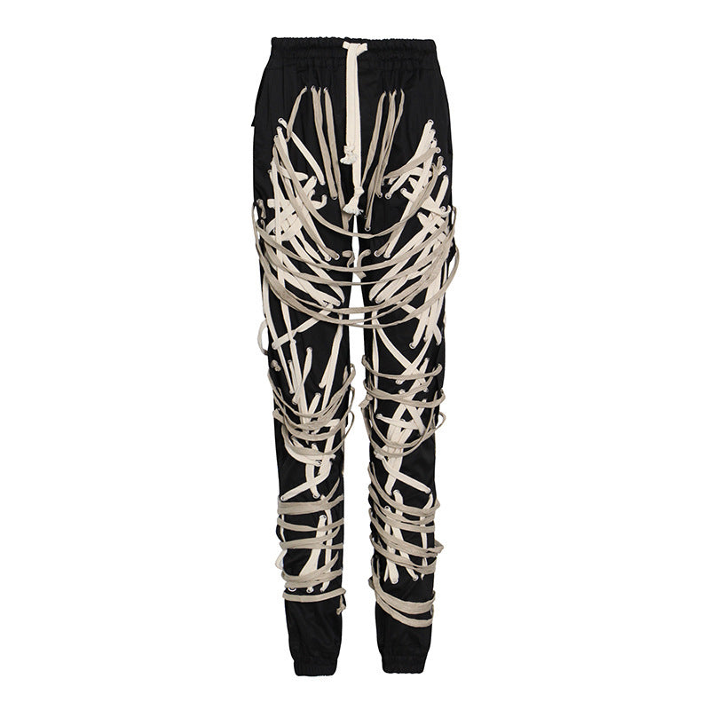 Street cool hipster lace-up trousers 2026 Spring/Summer New drawstring lace-up irregular hip hop style jeans for women