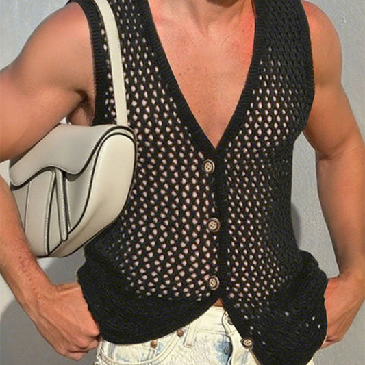 2026 spring/summer Europe and America cross border new men's knitted V-neck sleeveless hollow breathable woolen button vest top