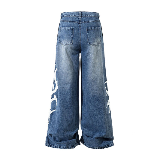Jiayiku men's clothing 2026 new American high street tide Thorn printed washed jeans loose vibe wide-leg pants