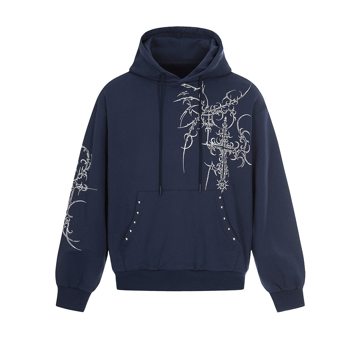 Shop Jiayiku 2026 American Street Cross Rivet Hoodie at USAve Merchandise. Hip hop PU handsome hooded sweater. Free shipping over $50!