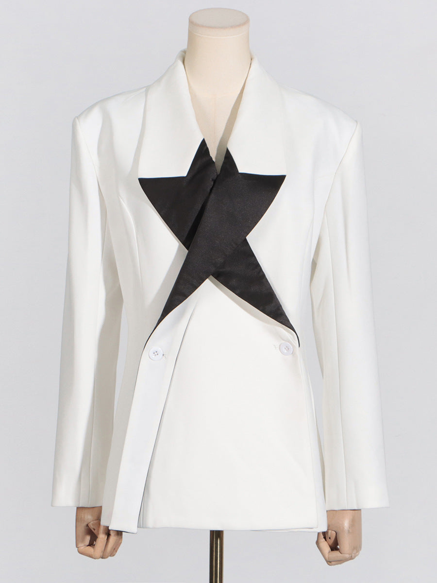 Personalized fashion loose suit women's 2026 spring new polo collar five-pointed star black and white color contrast patchwork suit jacket
