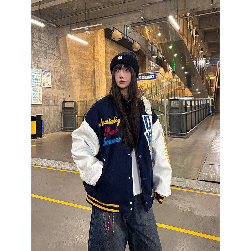 2025 spring new national fashion flocking embroidered letters baseball uniform jacket women's loose trendy design jacket