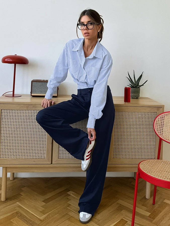 American design blue plaid suit women's 2026 spring cross-border short shirt navy blue suit pants two-piece set