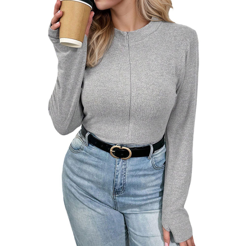 2026 foreign trade cross-border hot temperament elegant flower slimming gray milk silk round neck all-matching commuter top