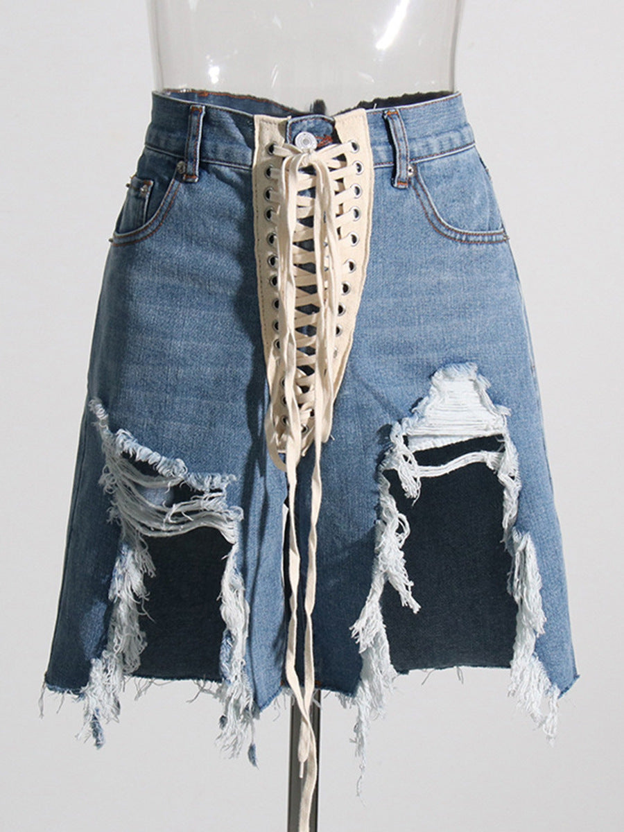 Street cool American ripped jeans 2026 spring new cross strap irregular design ripped jeans
