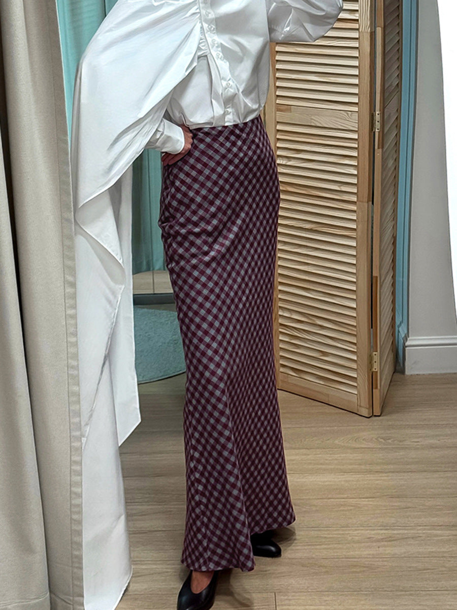 French style retro plaid skirt women's 2026 spring elegant drooping slimming high waist mid-length hip skirt women's clothing