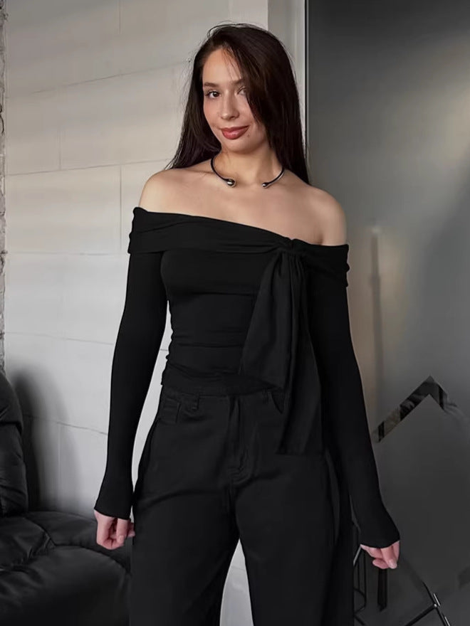 Design off-shoulder knitted bottoming T-shirt for women 2026 spring cross-border commuter long sleeves inner wear bottoming shirt women's clothing