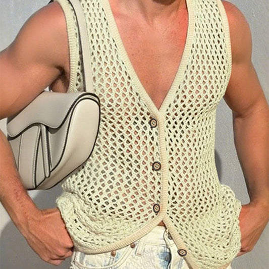 2026 spring/summer Europe and America cross border new men's knitted V-neck sleeveless hollow breathable woolen button vest top