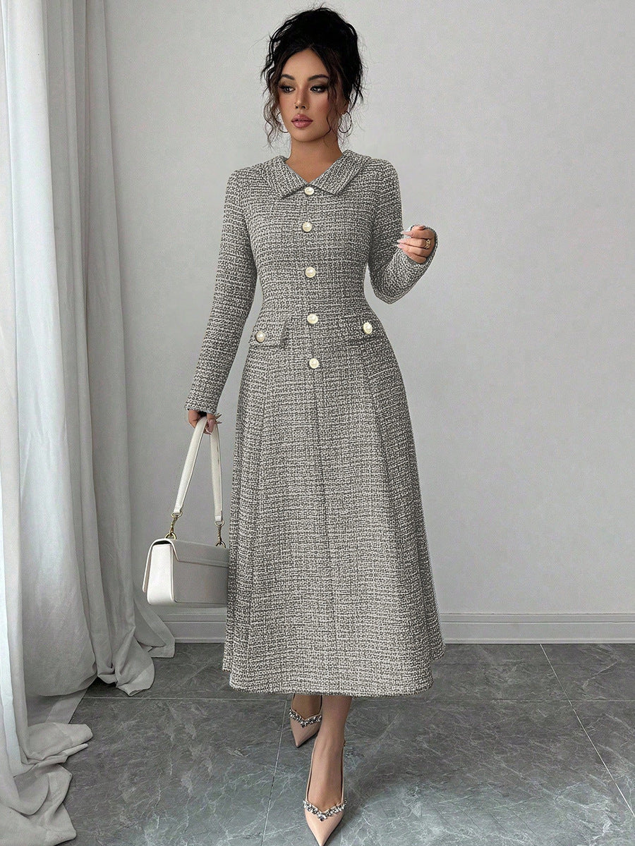 2026 new cross-border Amazon ebay European and American elegant dress foreign trade long sleeve lapel A- line dress mid-length