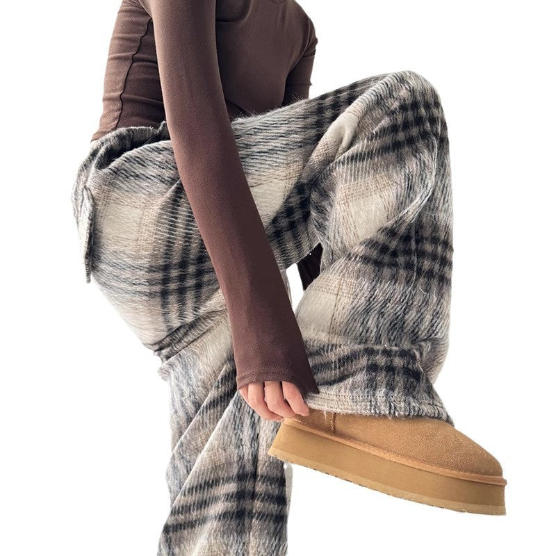 Fleece-lined thick wool plaid pants women's autumn and winter New straight casual high waist loose and idle mop pants