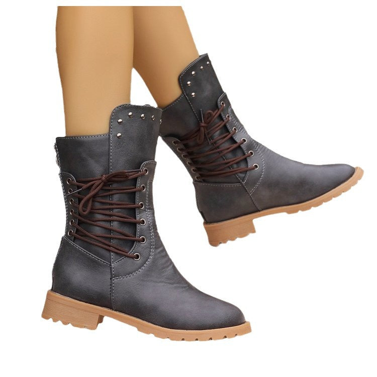Cross-border large size boots women's autumn and winter new motorcycle boots European and American style lace-up retro style rivet Knight boots women