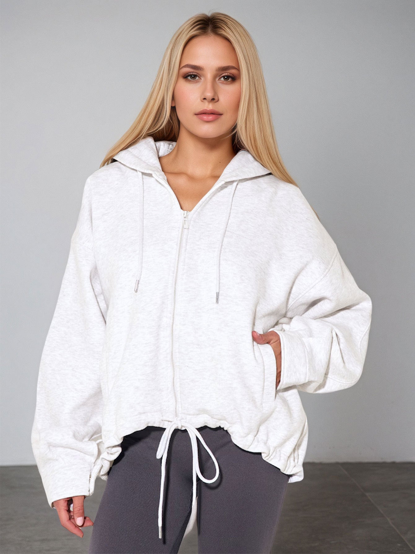 2026 cross-border new arrival European and American style women casual sports hooded zipper knitted women's casual solid color hoodie coat