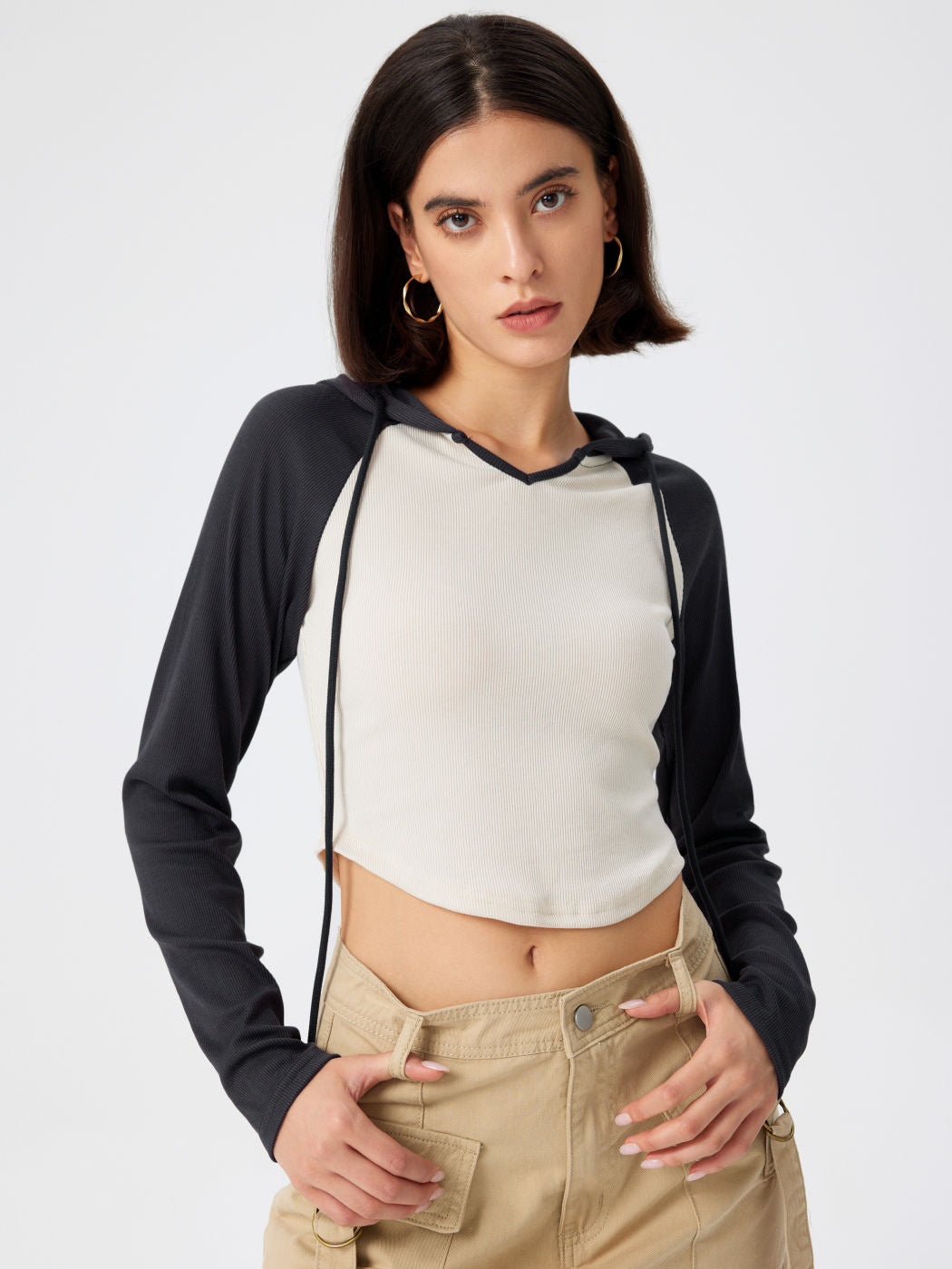 2026 autumn and winter new cross-border European and American women's clothing hooded stitching contrast color irregular slim fit long-sleeved T-shirt top