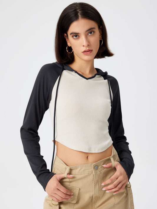 2026 autumn and winter new cross-border European and American women's clothing hooded stitching contrast color irregular slim fit long-sleeved T-shirt top