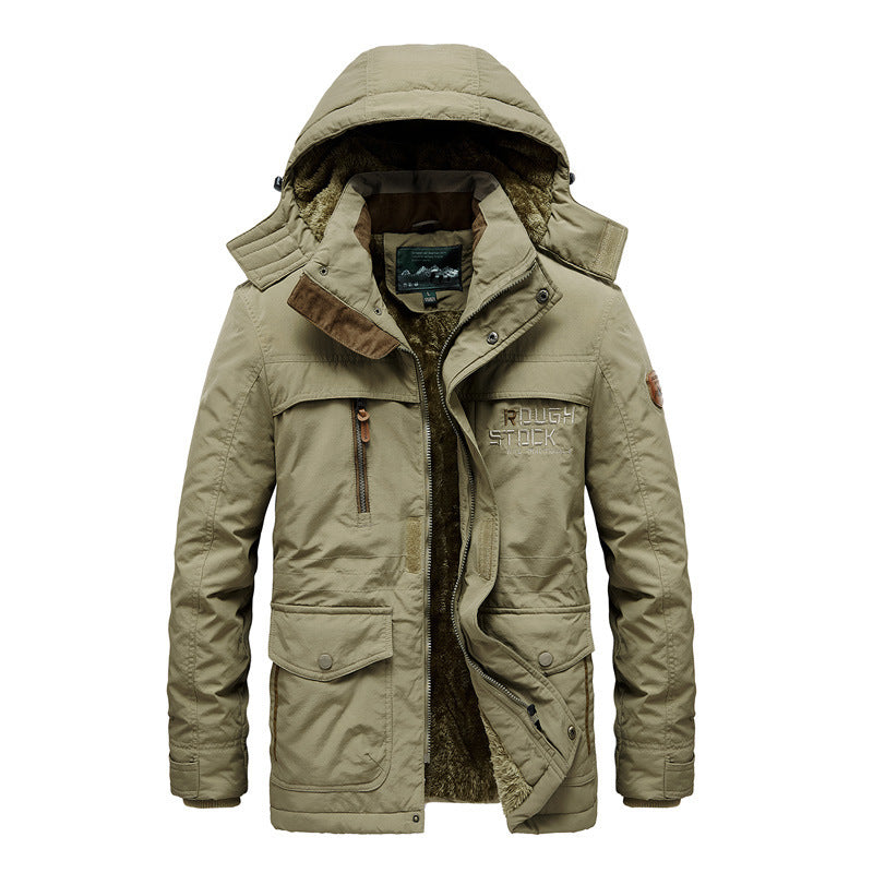 2026 winter men's velvet cotton clothes mid-length hooded cotton-padded coat trendy men's casual men's thickened large size coat