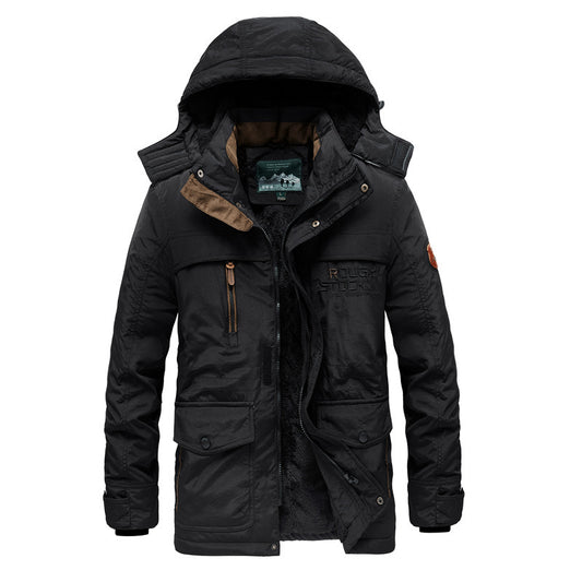 2026 winter men's velvet cotton clothes mid-length hooded cotton-padded coat trendy men's casual men's thickened large size coat