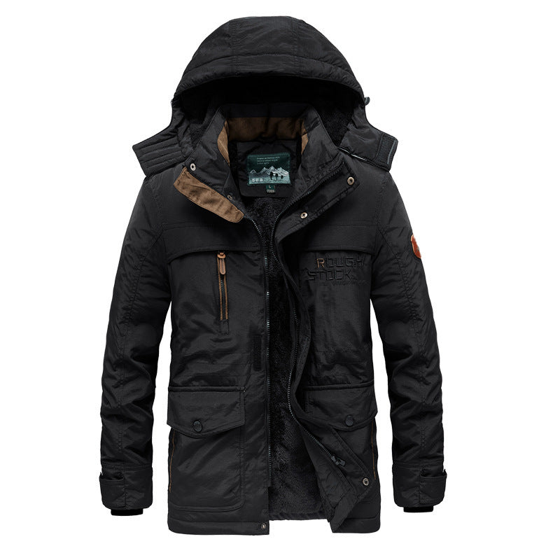 2026 winter men's velvet cotton clothes mid-length hooded cotton-padded coat trendy men's casual men's thickened large size coat