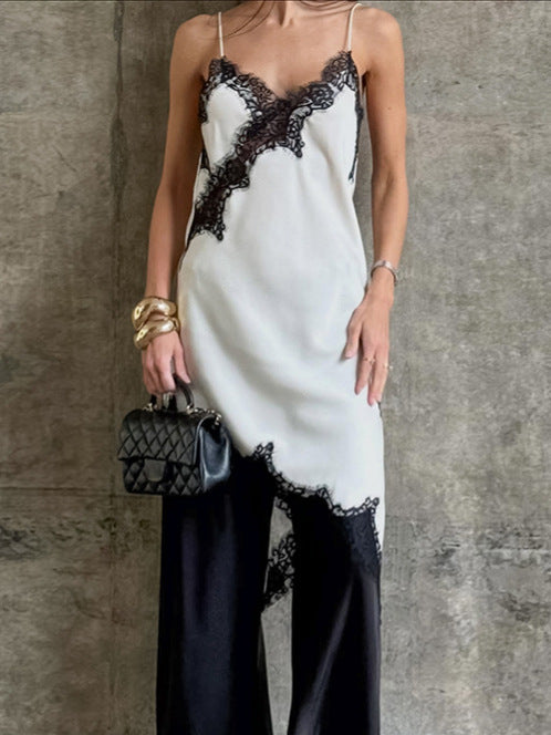 2026 spring cross-border new arrival pure desire style contrast color lace stitching irregular skirt beauty back sling dress for women