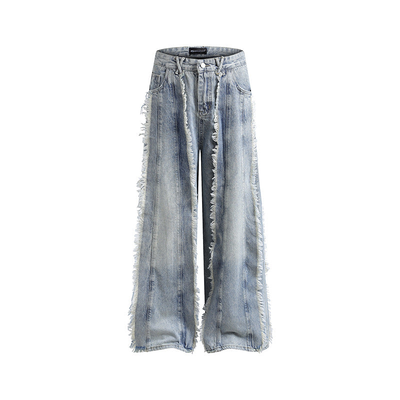 Fashion brand high street jeans Women's Spring and Autumn New frayed stitching design washed distressed straight-leg pants bf long pants