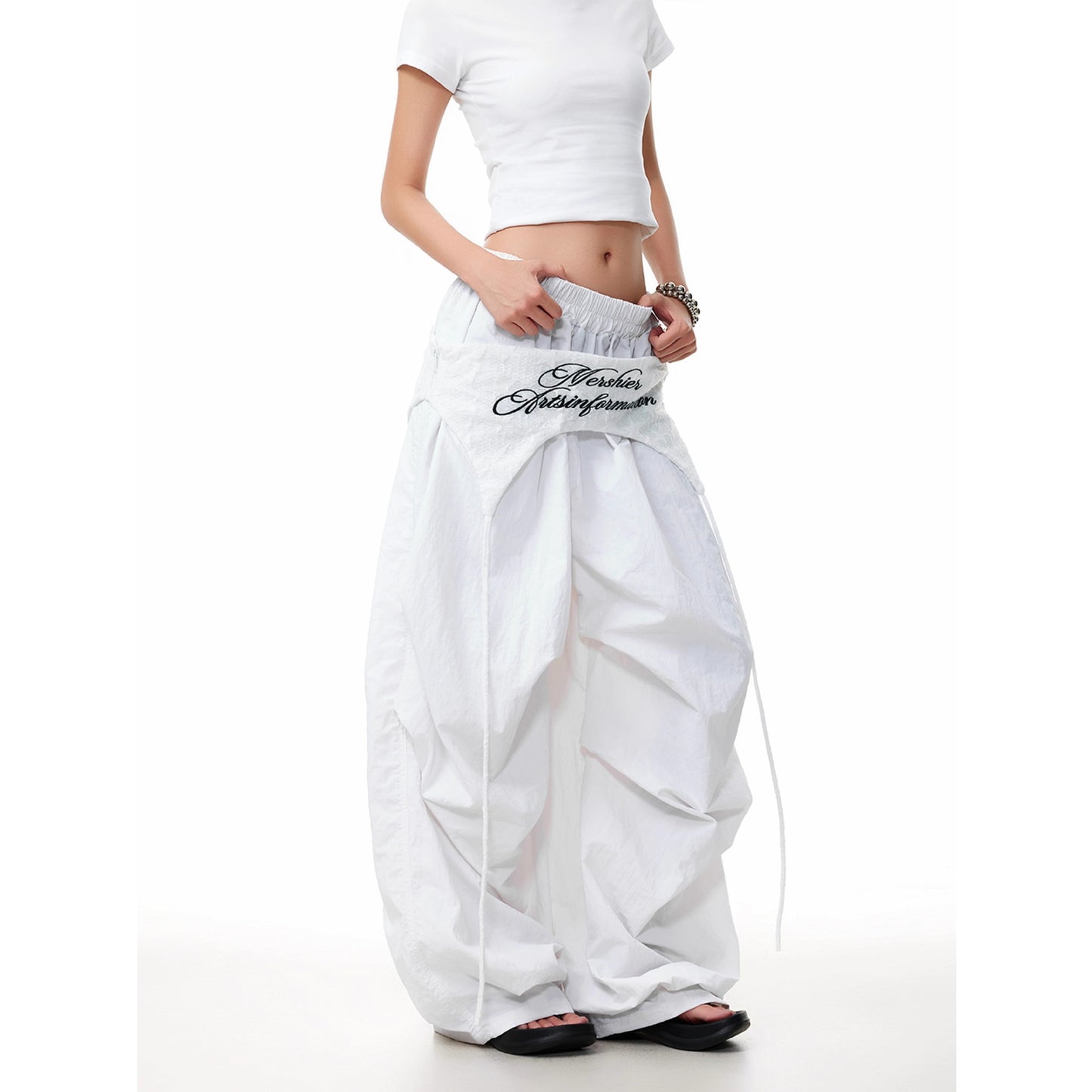 American street pleated accumulation casual pants women's summer loose fart curtain ribbon design sense wide-leg pants tide