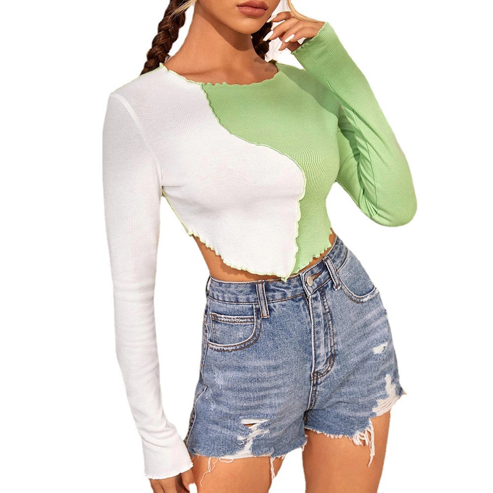 2026 European and American women's clothing cross-border new arrival spot stitching contrast color slim fit short-sleeved T-shirt fashion versatile top