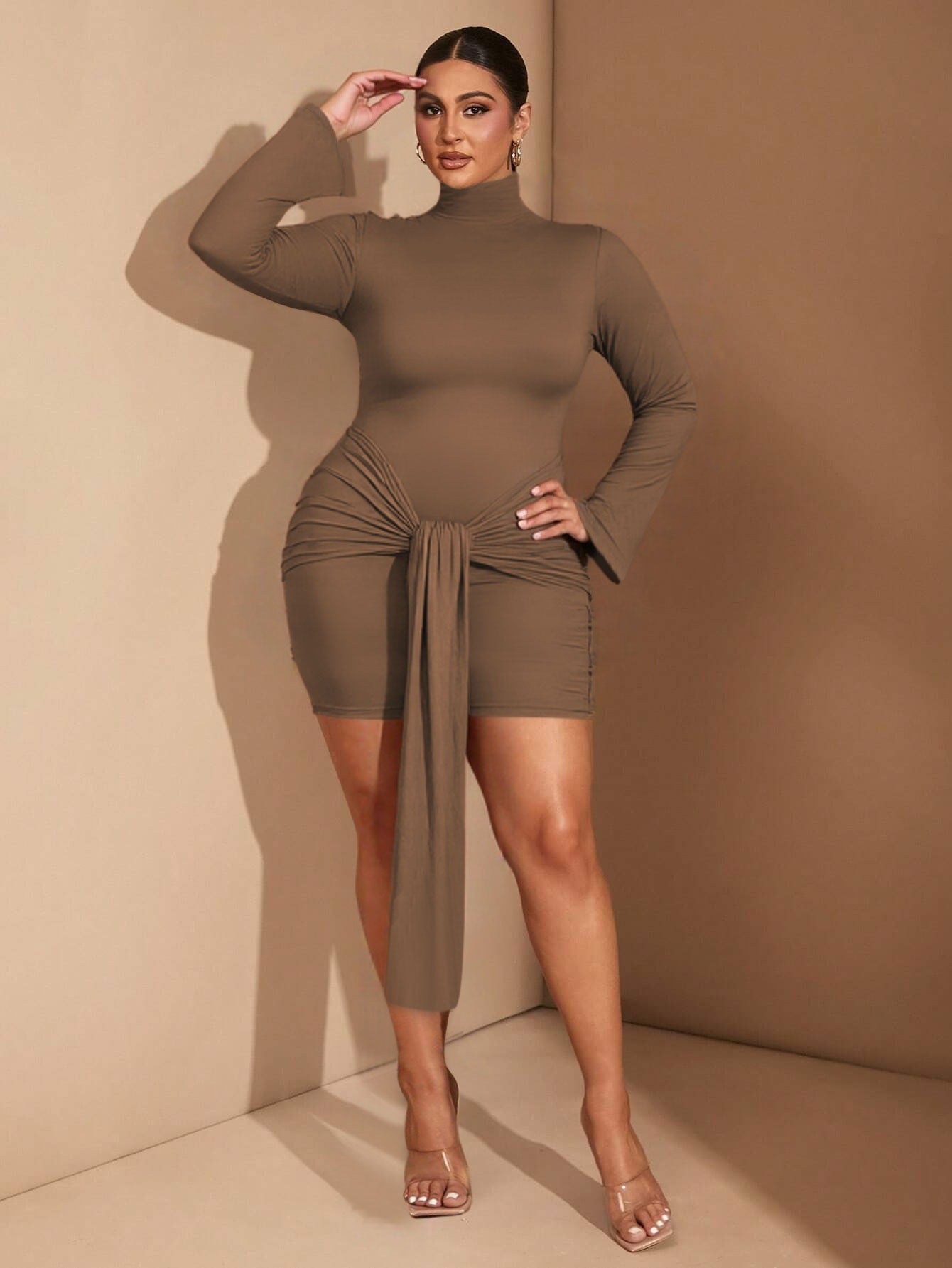 Europe and America cross border Tk2026 popular hot girl fashion slim solid color long sleeve high waist hip-looking dress