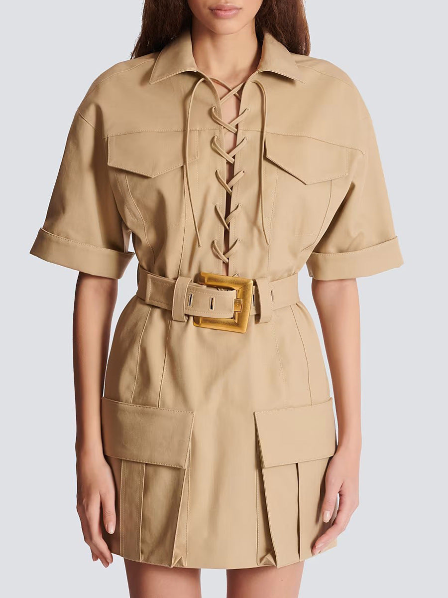 Leisure Cargo style shirt dress 2026 spring new chest strap matching metallic belt solid color short dress