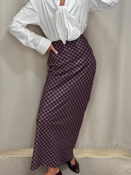 French style retro plaid skirt women's 2026 spring elegant drooping slimming high waist mid-length hip skirt women's clothing