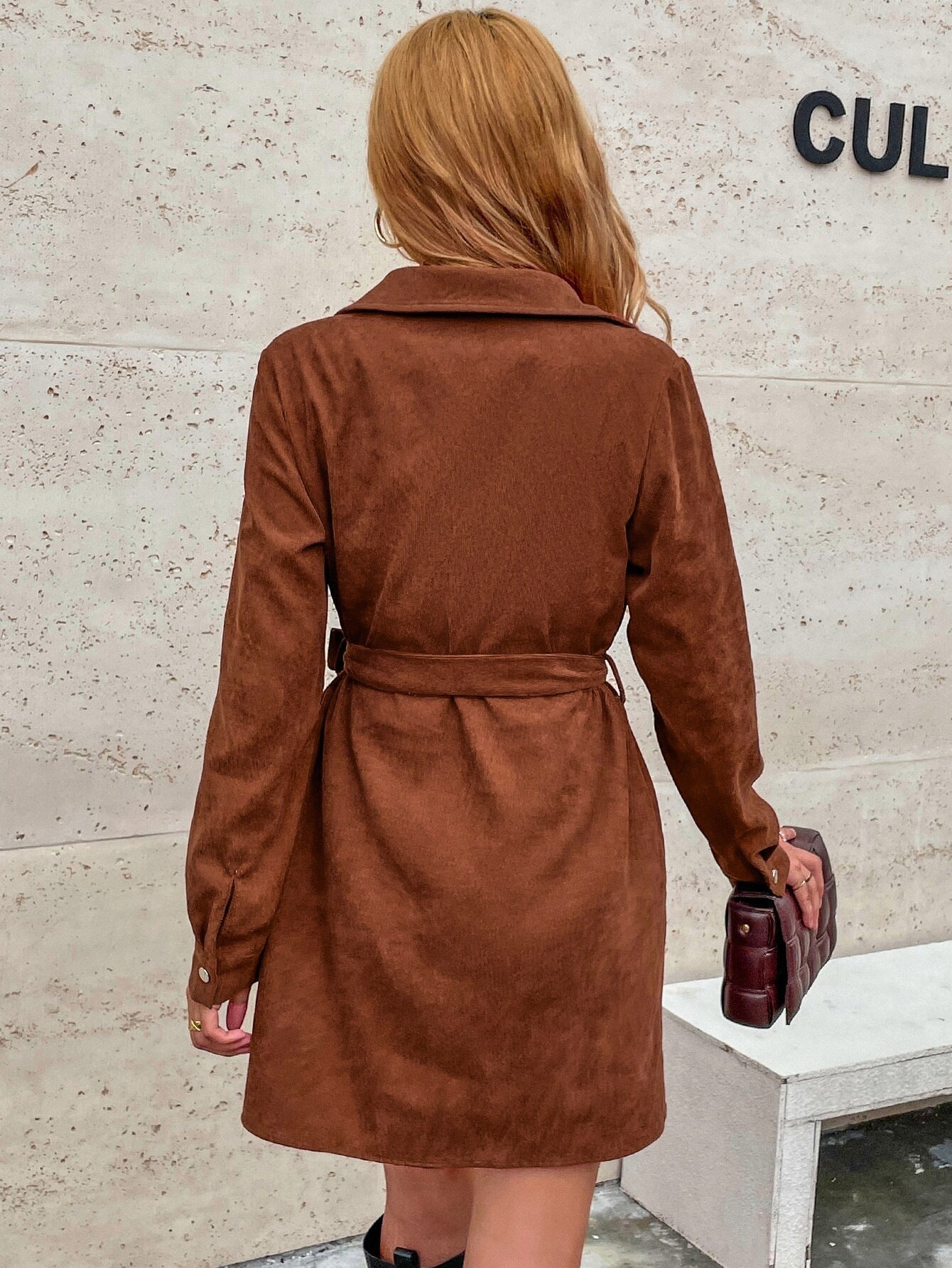 2026 autumn and winter new cross-border European and American women's clothing breasted belt loose leisure corduroy long sleeve shirt dress