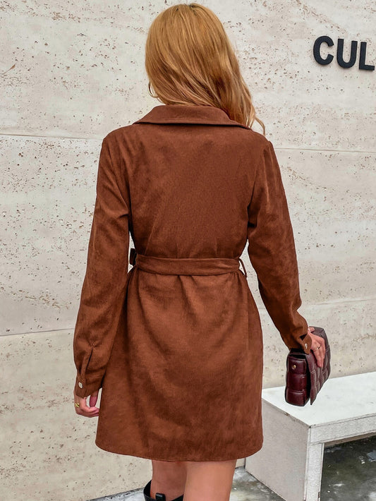 2026 autumn and winter new cross-border European and American women's clothing breasted belt loose leisure corduroy long sleeve shirt dress