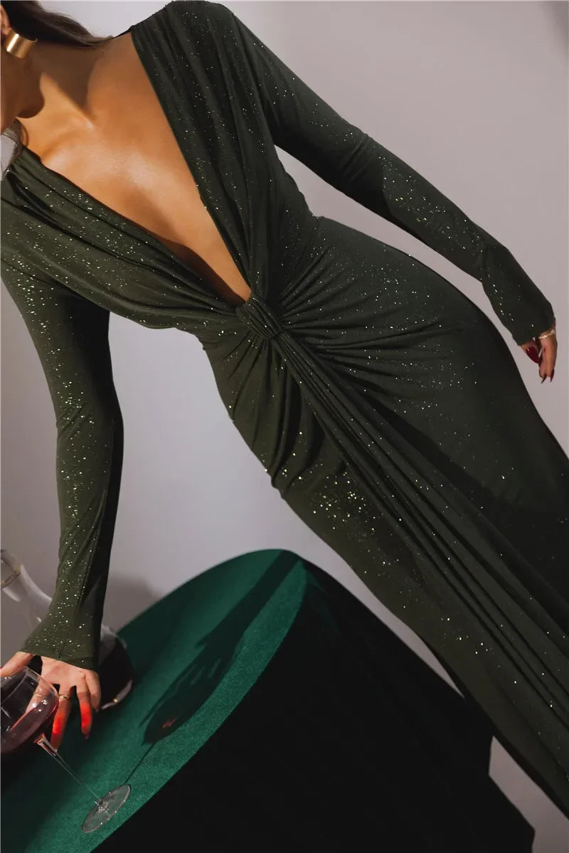 Deep V Neck Sexy Maxi Dress For Women Elegant Sparkle Long Sleeve Ruched Bodycon Split Club Party Sexy Dress
