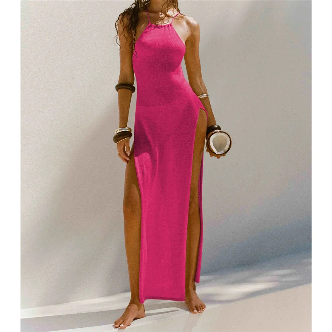 Women Cover Ups Sexy Hollow Out Dresses Spliced Sleeveless Split Maxi Dress Sling Backless Knit Y2k See Through Bodycon
