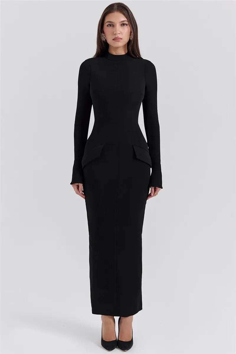 Mozision Black Long Sleeve Sexy Maxi Dress For Women Autumn Winter New O Neck Two Pocket Back Split Bodycon Long Dress Elegant