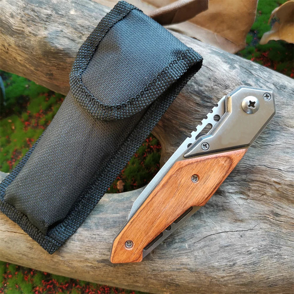 Anti-slip Wooden Handle Folding Knife for Tactical Outdoor Survival and Multi-functional Cutting Tasks