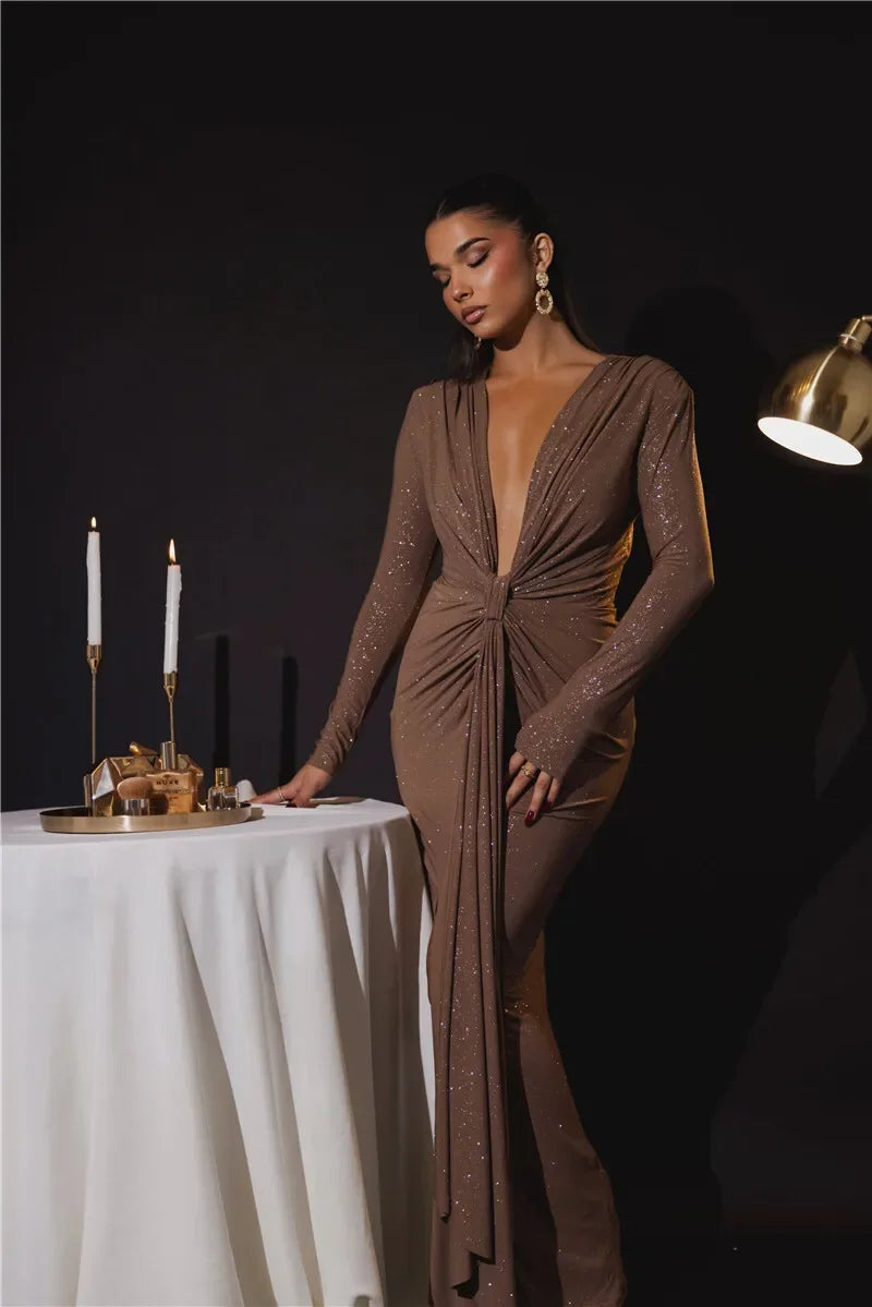 Deep V Neck Sexy Maxi Dress For Women Elegant Sparkle Long Sleeve Ruched Bodycon Split Club Party Sexy Dress