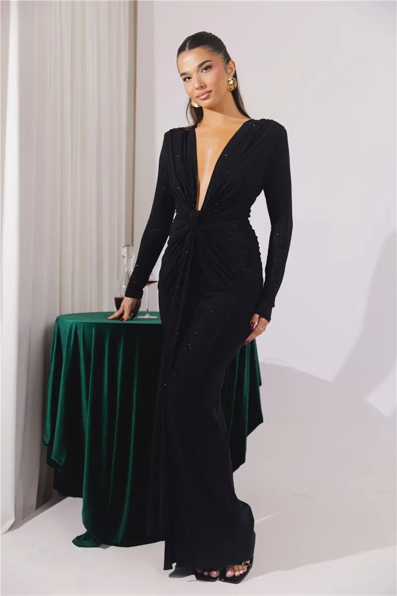 Deep V Neck Sexy Maxi Dress For Women Elegant Sparkle Long Sleeve Ruched Bodycon Split Club Party Sexy Dress