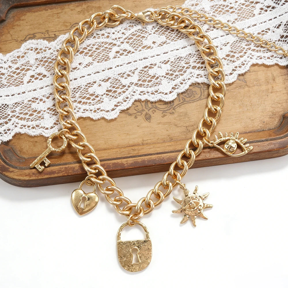 Symbolic Gold Charm Chain Choker (Edgy Whimsical) Statement Jewelry Perfect For Brunch Date Stylish Outfits That Blend Chunky
