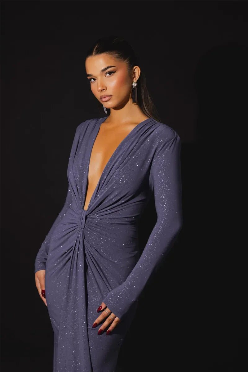Deep V Neck Sexy Maxi Dress For Women Elegant Sparkle Long Sleeve Ruched Bodycon Split Club Party Sexy Dress