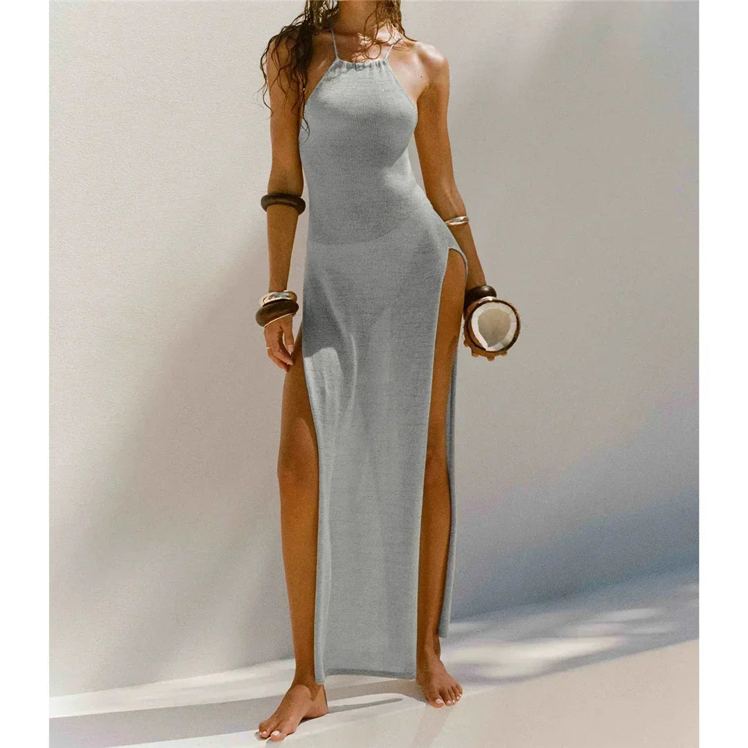 Women Cover Ups Sexy Hollow Out Dresses Spliced Sleeveless Split Maxi Dress Sling Backless Knit Y2k See Through Bodycon