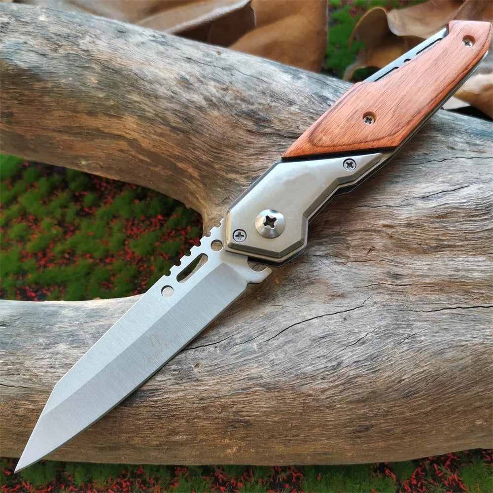 Anti-slip Wooden Handle Folding Knife for Tactical Outdoor Survival and Multi-functional Cutting Tasks