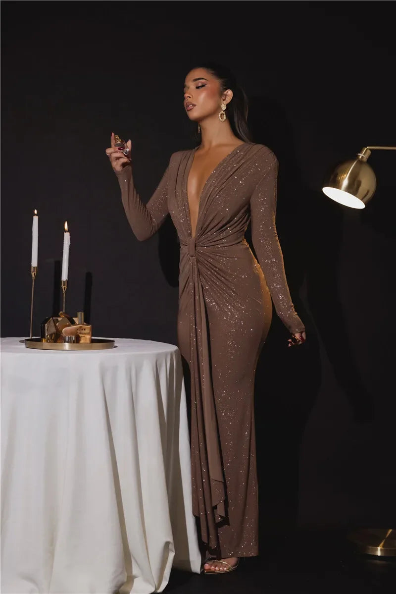 Deep V Neck Sexy Maxi Dress For Women Elegant Sparkle Long Sleeve Ruched Bodycon Split Club Party Sexy Dress
