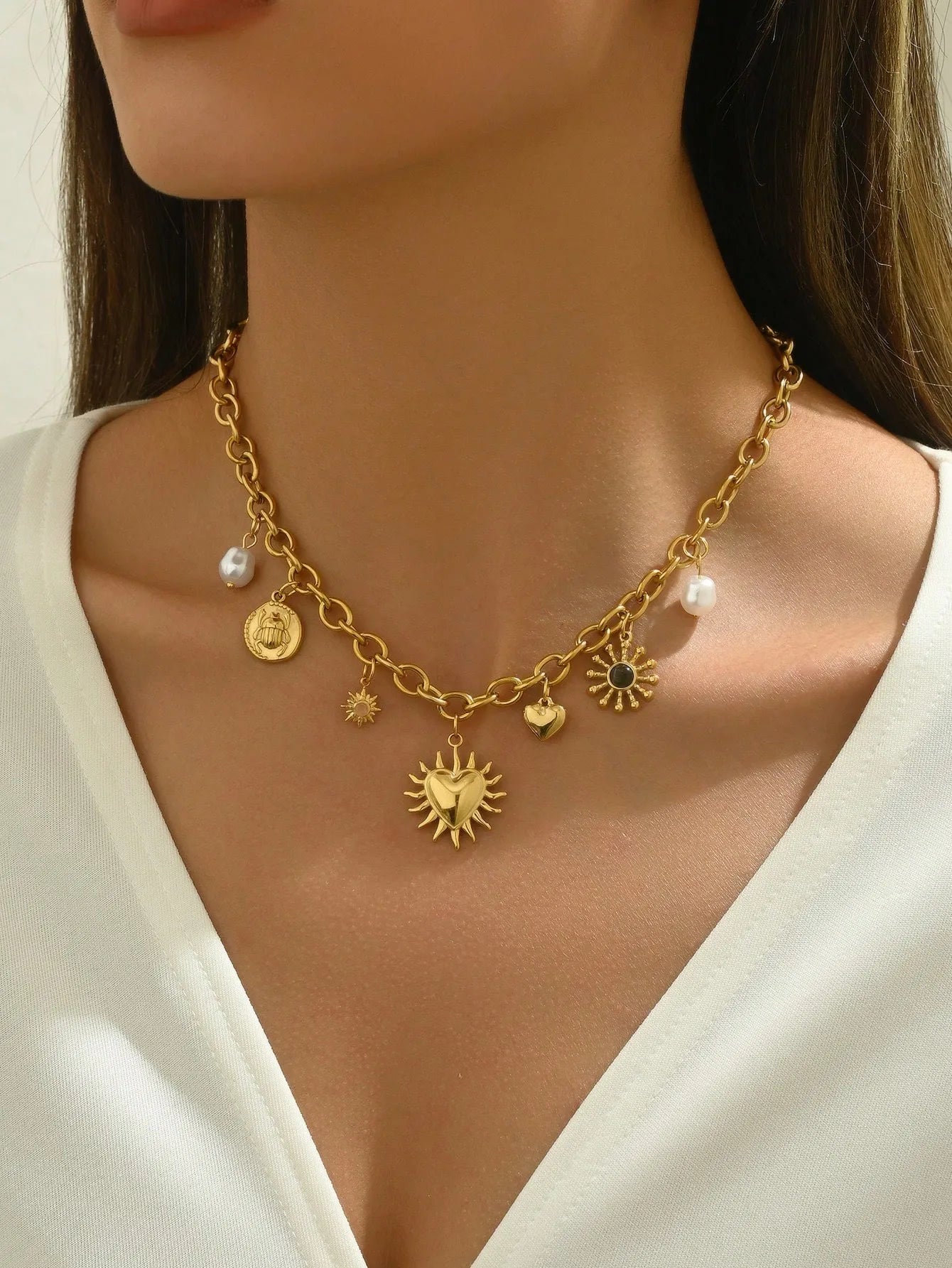 "Glamorous Gold Color Chunky Chain Necklace With Playful Heart Sun Moon Imitation Pearl Charms Women's Garden Parties Jewelry