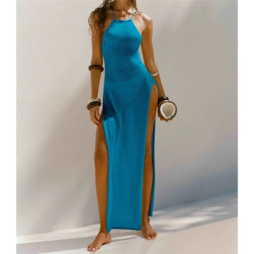 Women Cover Ups Sexy Hollow Out Dresses Spliced Sleeveless Split Maxi Dress Sling Backless Knit Y2k See Through Bodycon