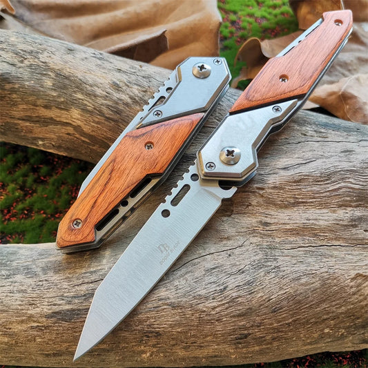 Anti-slip Wooden Handle Folding Knife for Tactical Outdoor Survival and Multi-functional Cutting Tasks