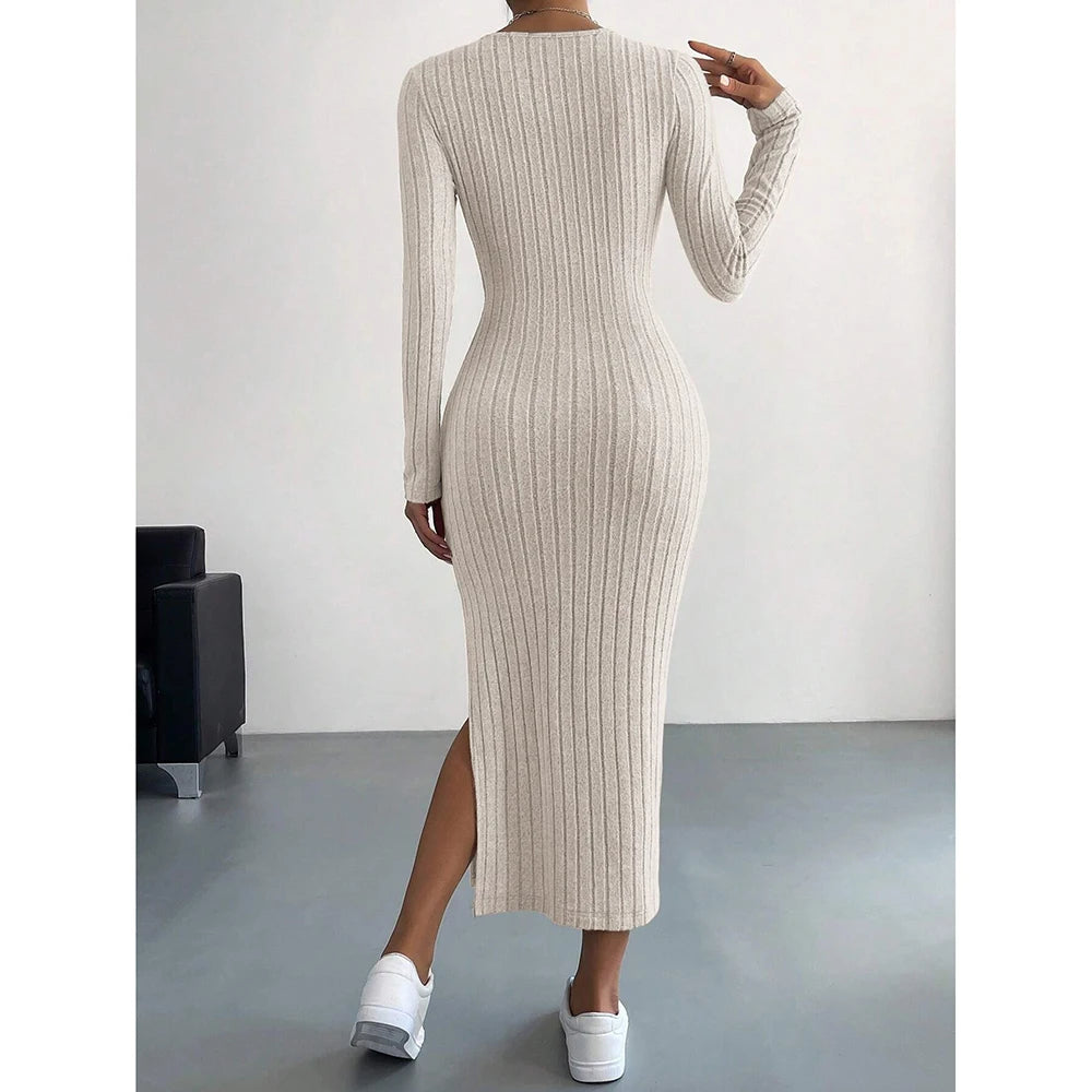 Women's Dresses Autumn French Plain Stripe Split Long Sleeve Scoop Neck Bodycon Full Length Maxi Casual Dresses