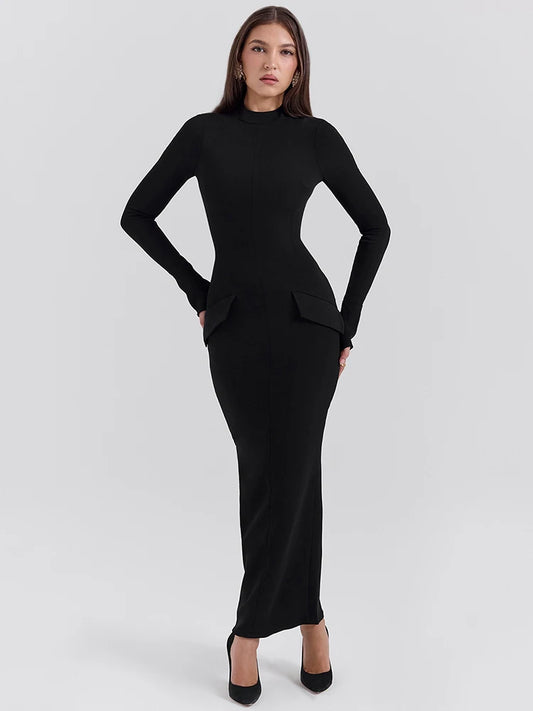 Mozision Black Long Sleeve Sexy Maxi Dress For Women Autumn Winter New O Neck Two Pocket Back Split Bodycon Long Dress Elegant